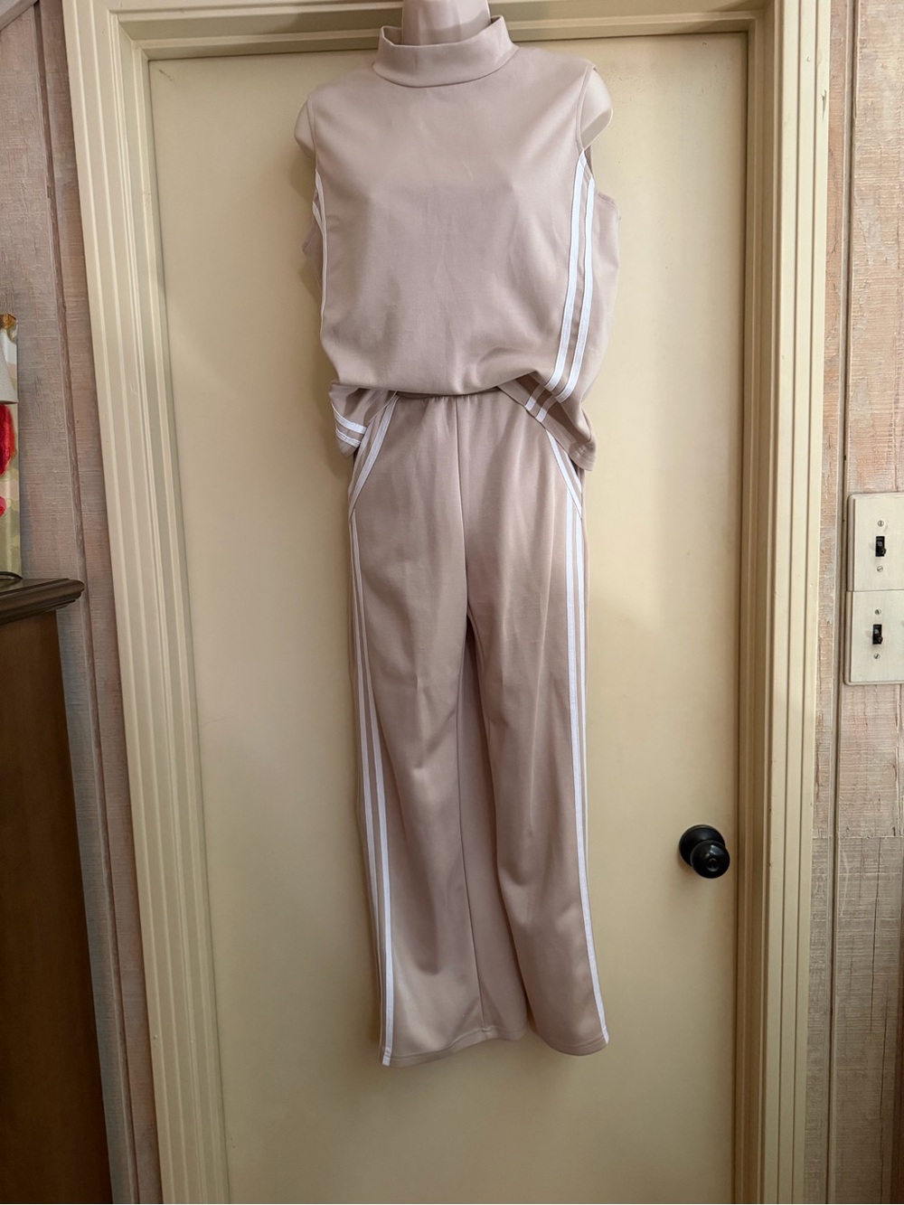 Tan w/white stripes 2 piece out fit scuba material women’s size Medium